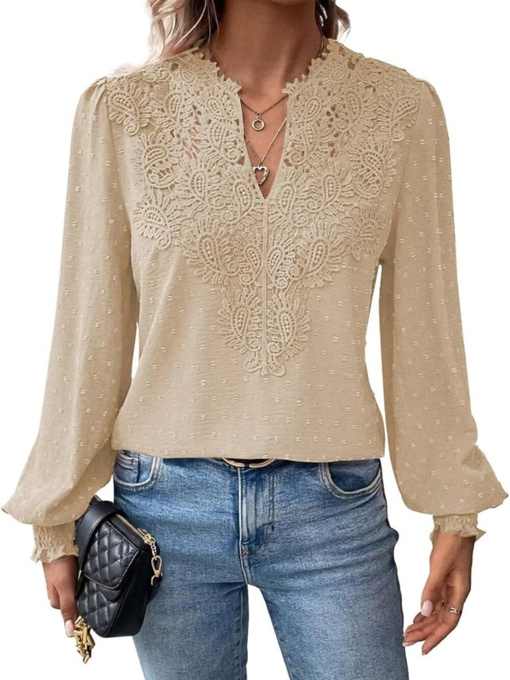 Boho Long Sleeve Floral Lace V-Neck Top for Women - Flowy & Stylish Blouse